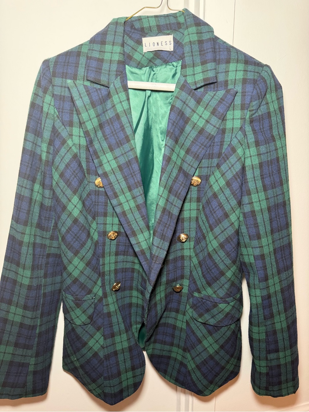 Lioness Green & Blue Plaid Double-Breasted Sport Coat with Gold Buttons